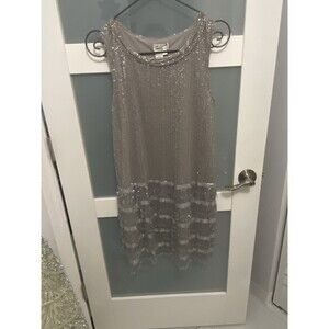 MSSP Max Studio Dress Silver Sequin Fringe Flapper Sleeveless Cocktail L Bling
